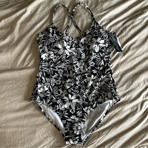 NWT Aqua Couture Floral Black and White  Racer Back Women's One Piece Swimsuit